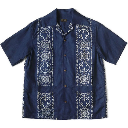 Kapital French Cross Linen Havana Naja Pattern Wrangle Collar Cuban Shirt (Short Sleeve)