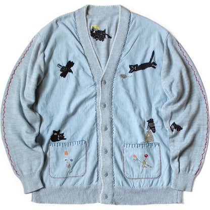 Kapital Knit And Chambray Cardigan (Crow & Cat Embroidery)