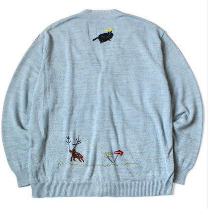 Kapital Knit And Chambray Cardigan (Crow & Cat Embroidery)