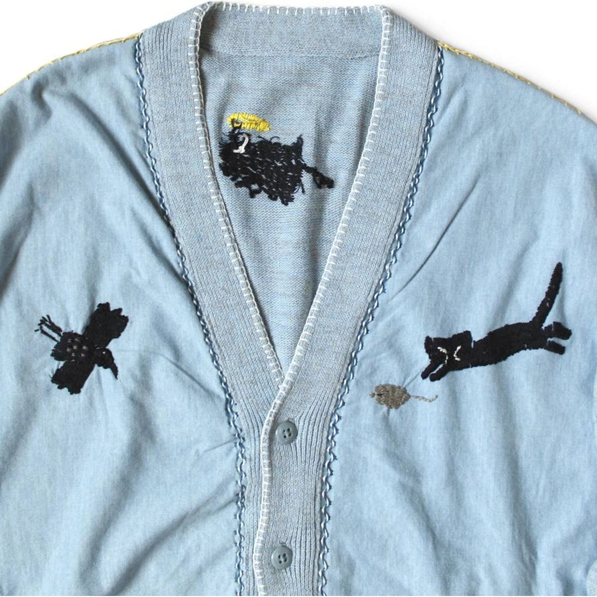 Kapital Knit And Chambray Cardigan (Crow & Cat Embroidery)