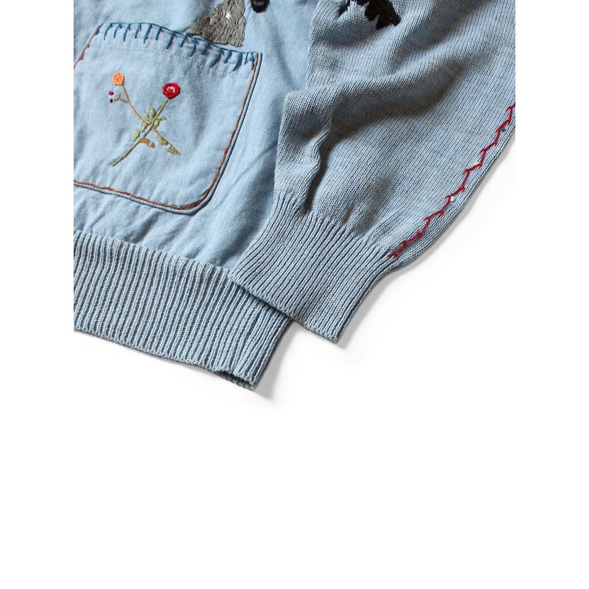 Kapital Knit And Chambray Cardigan (Crow & Cat Embroidery)