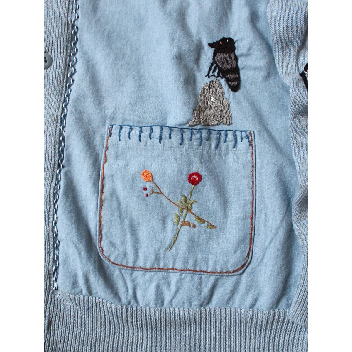 Kapital Knit And Chambray Cardigan (Crow & Cat Embroidery)