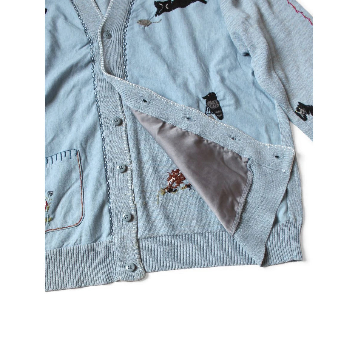 Kapital Knit And Chambray Cardigan (Crow & Cat Embroidery)