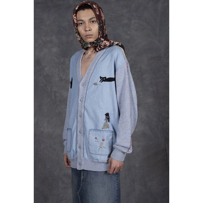 Kapital Knit And Chambray Cardigan (Crow & Cat Embroidery)