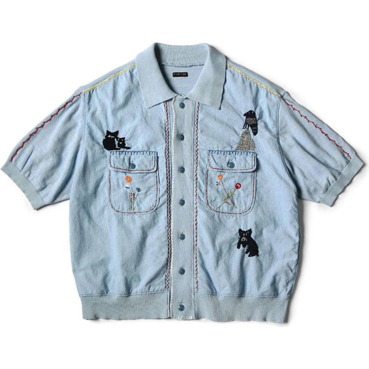 kapital カラスと猫刺繍　ポロシャツ Kapital Knit x Chambray Polo Shirt (Crow & Cat Embroidery) | COJP