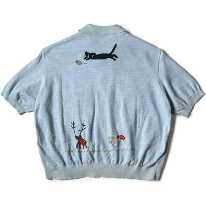 Kapital Knit x Chambray Polo Shirt (Crow & Cat Embroidery)