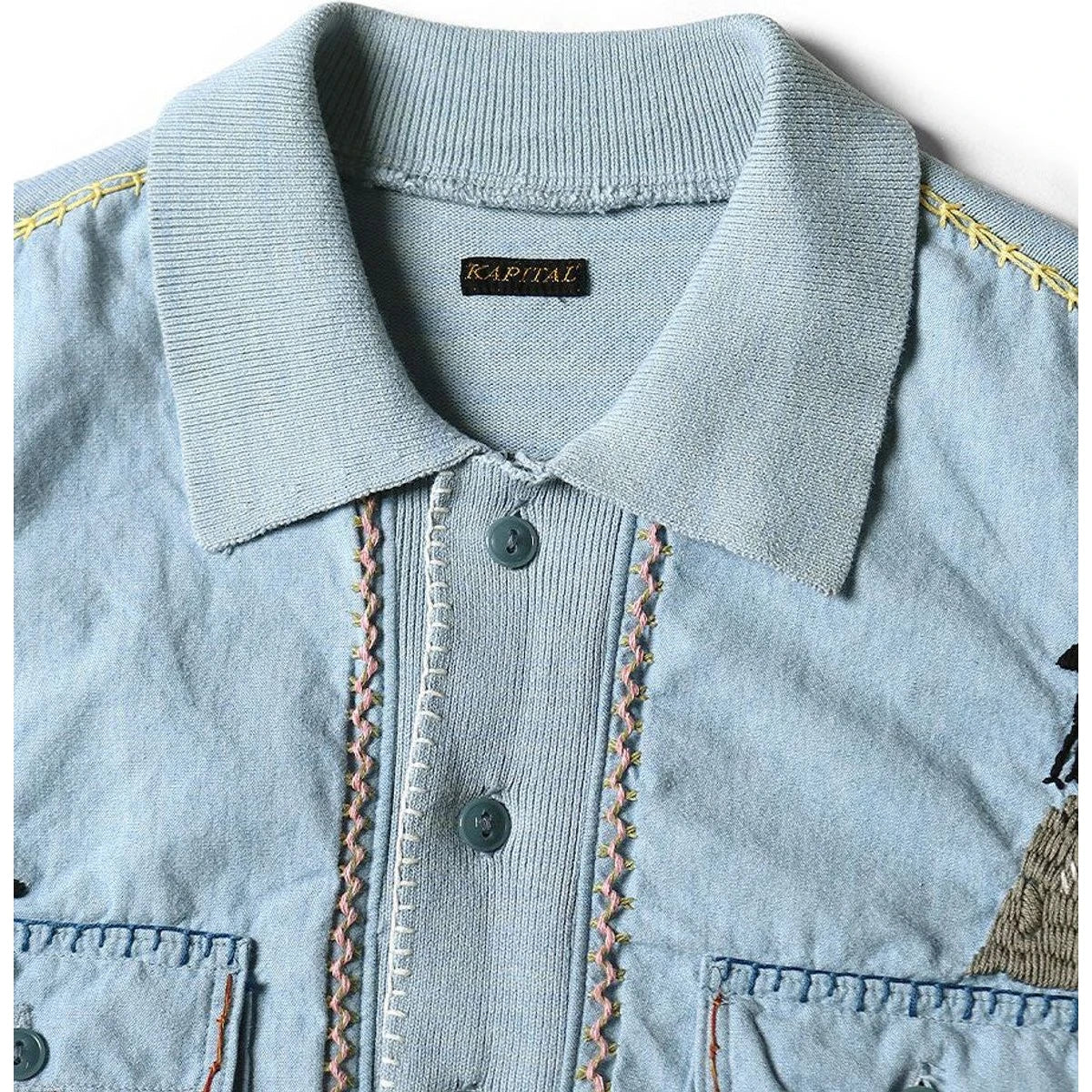 Kapital Knit x Chambray Polo Shirt (Crow & Cat Embroidery) | COJP