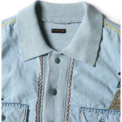 Kapital Knit x Chambray Polo Shirt (Crow & Cat Embroidery)