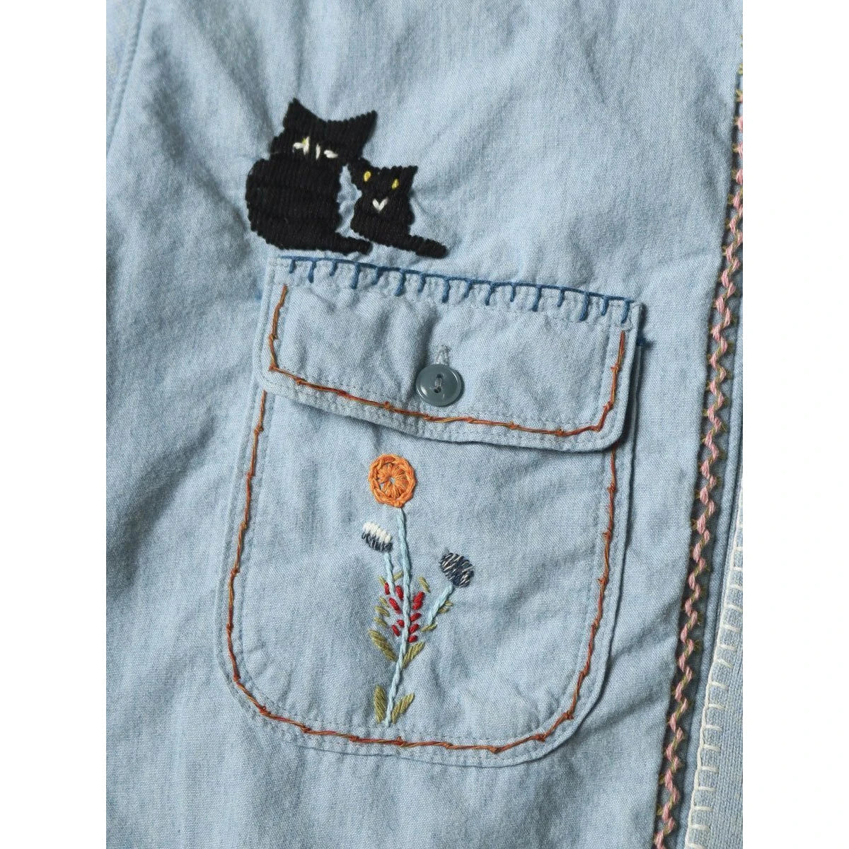 Kapital Knit x Chambray Polo Shirt (Crow & Cat Embroidery) | COJP