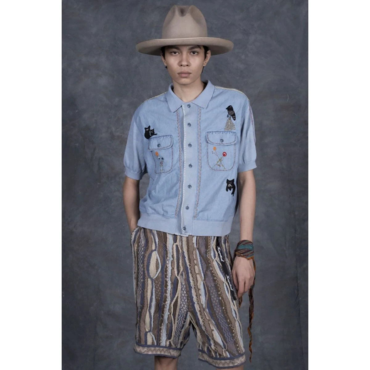 Kapital Knit x Chambray Polo Shirt (Crow & Cat Embroidery) | COJP