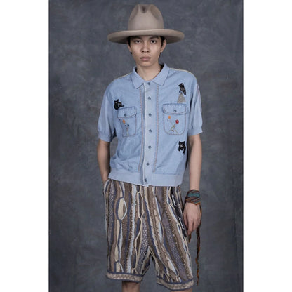 Kapital Knit x Chambray Polo Shirt (Crow & Cat Embroidery)