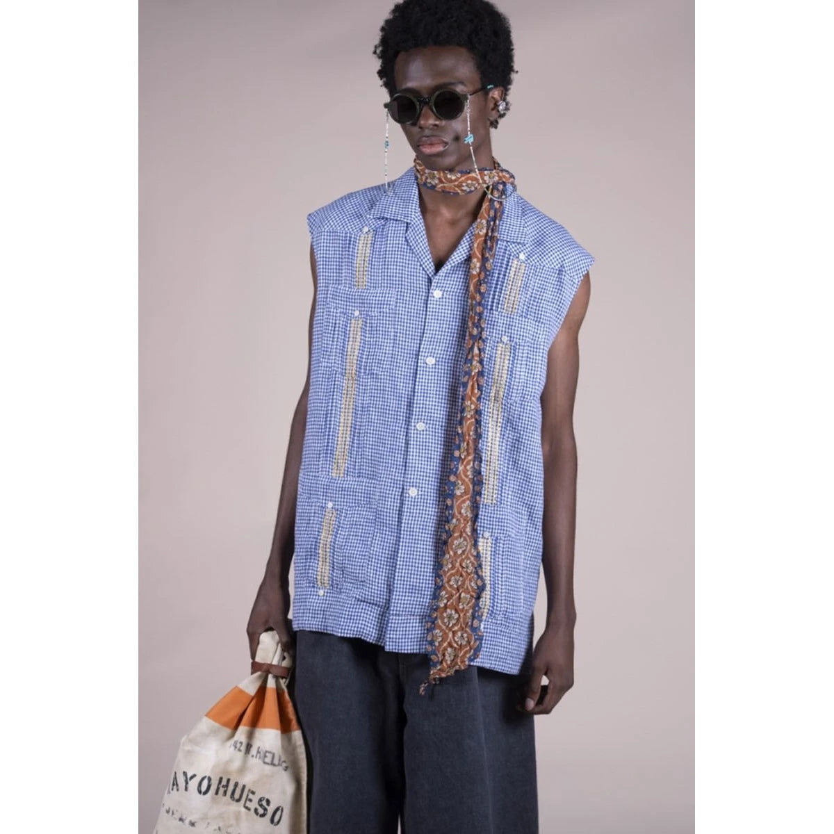 Kapital Linen Gingham Check Sleeveless Cuban Shirt