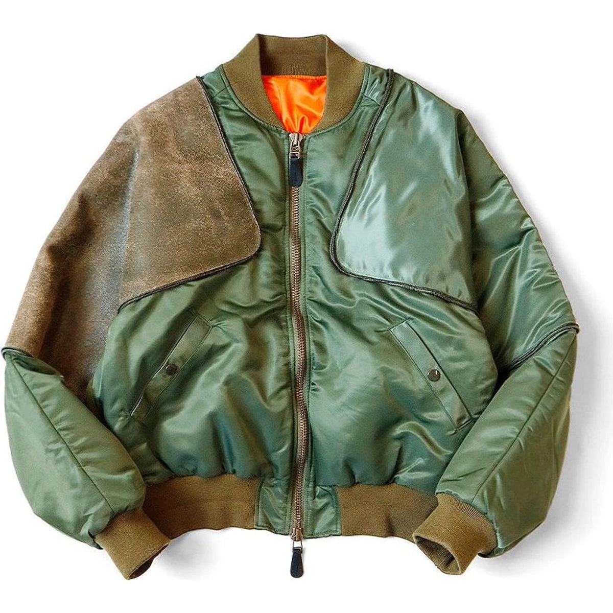 Green and brown jacket with orange lining on a white background