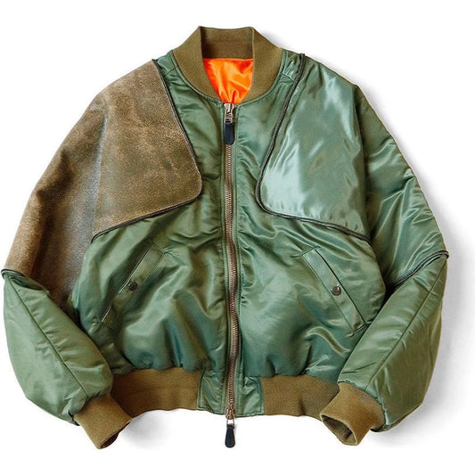 Green and brown jacket with orange lining on a white background