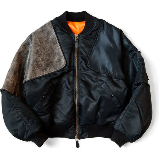 Black bomber jacket with gray shoulder patch on a white background