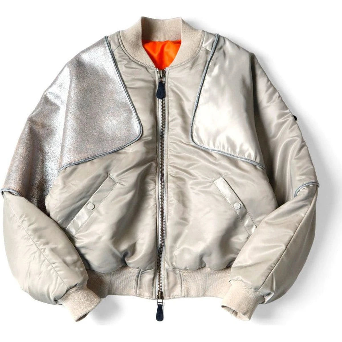 Silver bomber jacket with orange lining on a white background