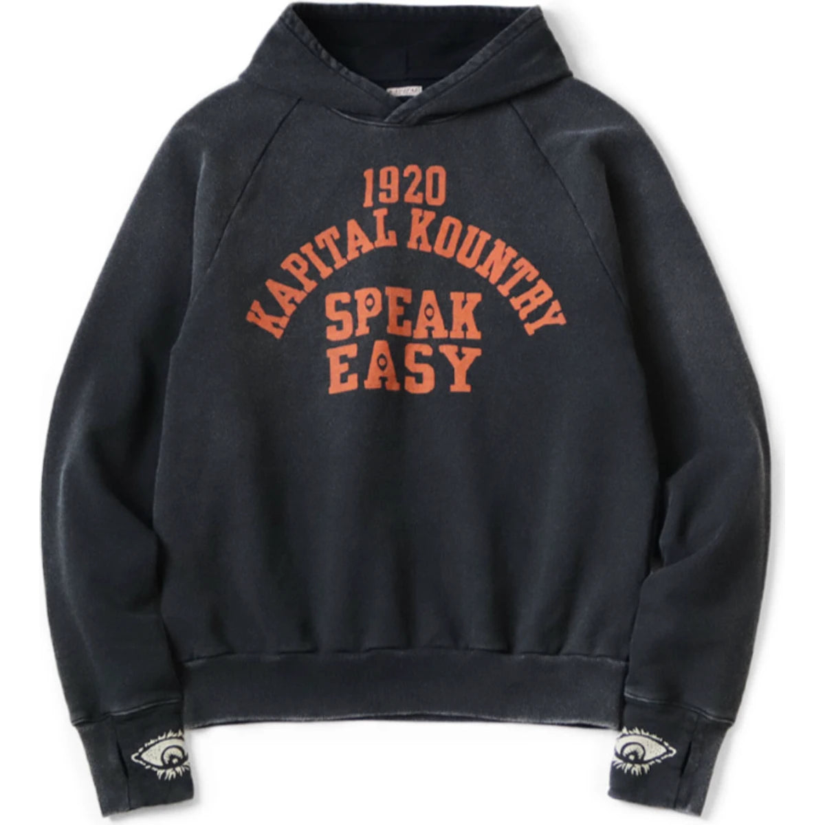 Kapital Raglan Hooded Fleece Sweatshirt (Speakeasy College Print)