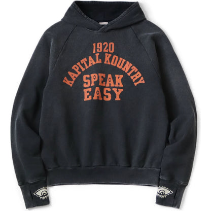 Kapital Raglan Hooded Fleece Sweatshirt (Speakeasy College Print)