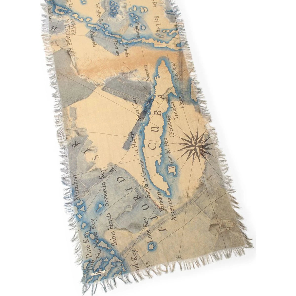 Kapital Rayon Fringe Scarf (Cayo Hueso Denim Map)