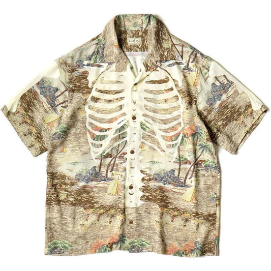Kapital Rayon Kamehameha Bone Print Aloha Shirt