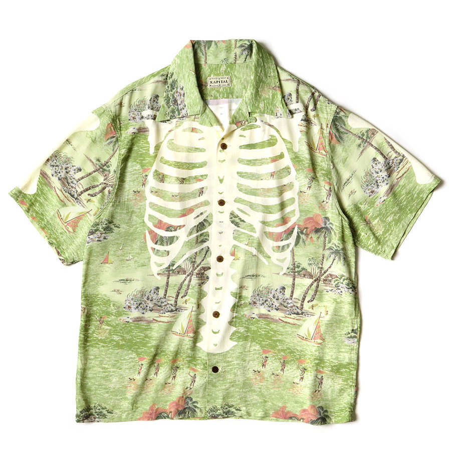 Kapital Rayon Kamehameha Bone Print Aloha Shirt