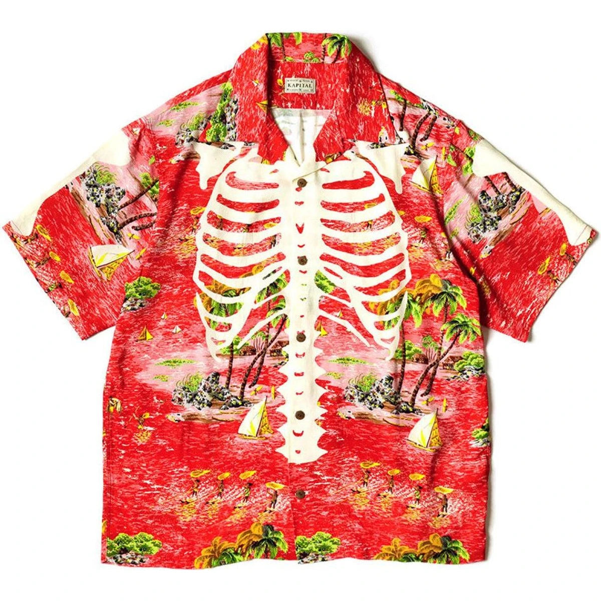 Kapital Rayon Kamehameha Bone Print Aloha Shirt