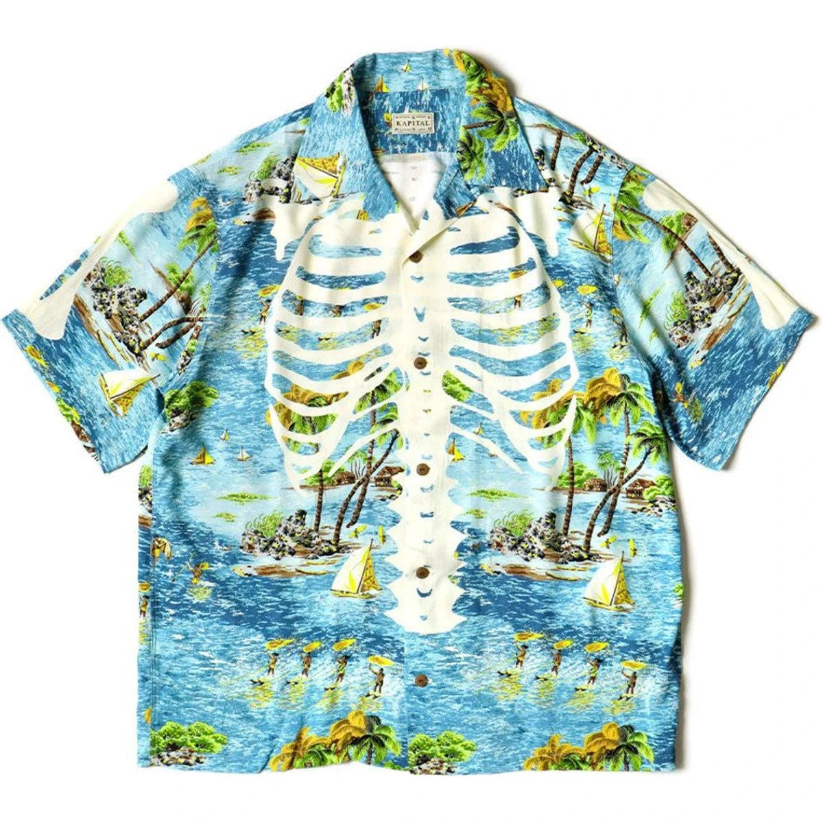 Kapital Rayon Kamehameha Bone Print Aloha Shirt