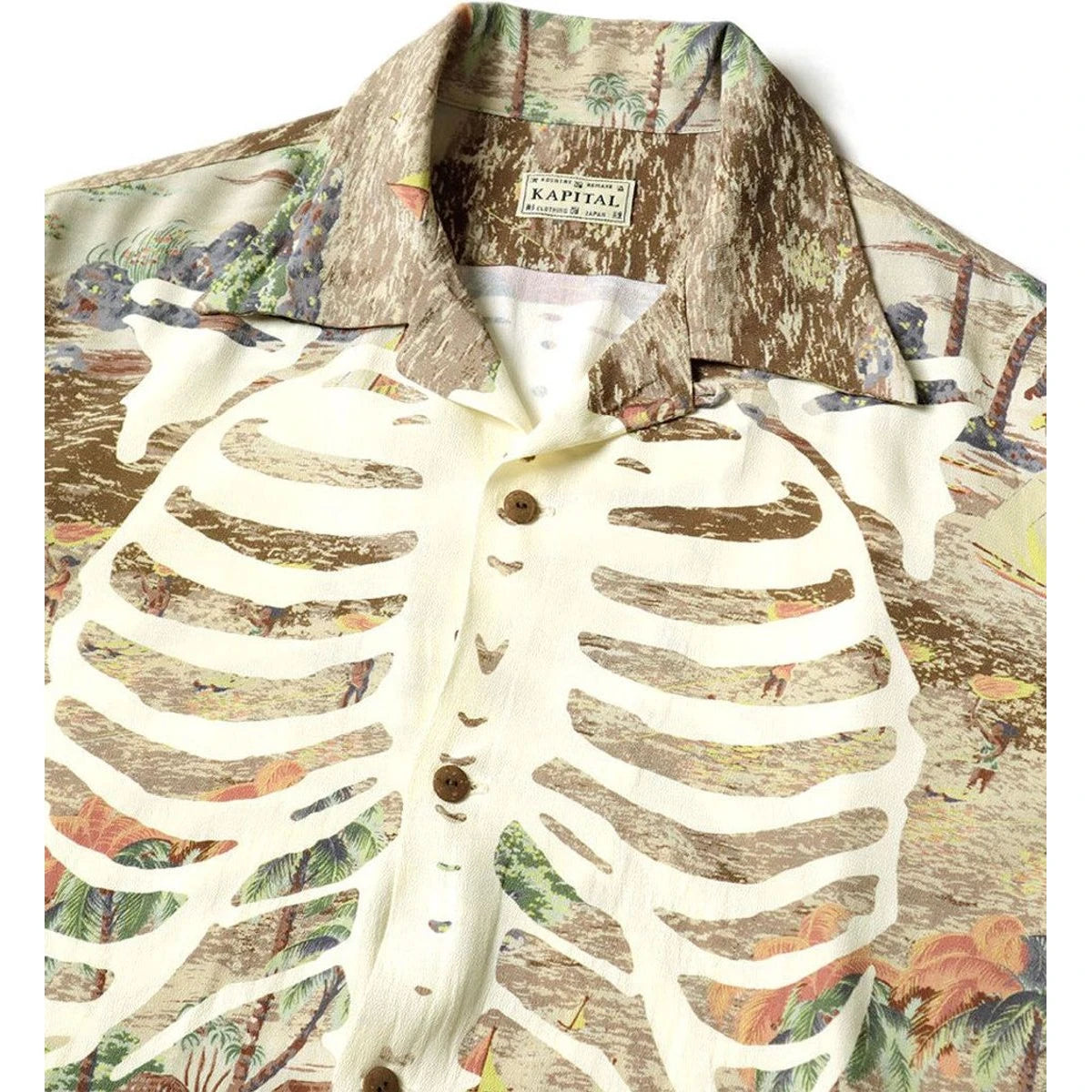 Kapital Rayon Kamehameha Bone Print Aloha Shirt