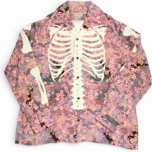 Kapital Rayon Sakura Bone Print Wrangle Collar Open Neck Shirt