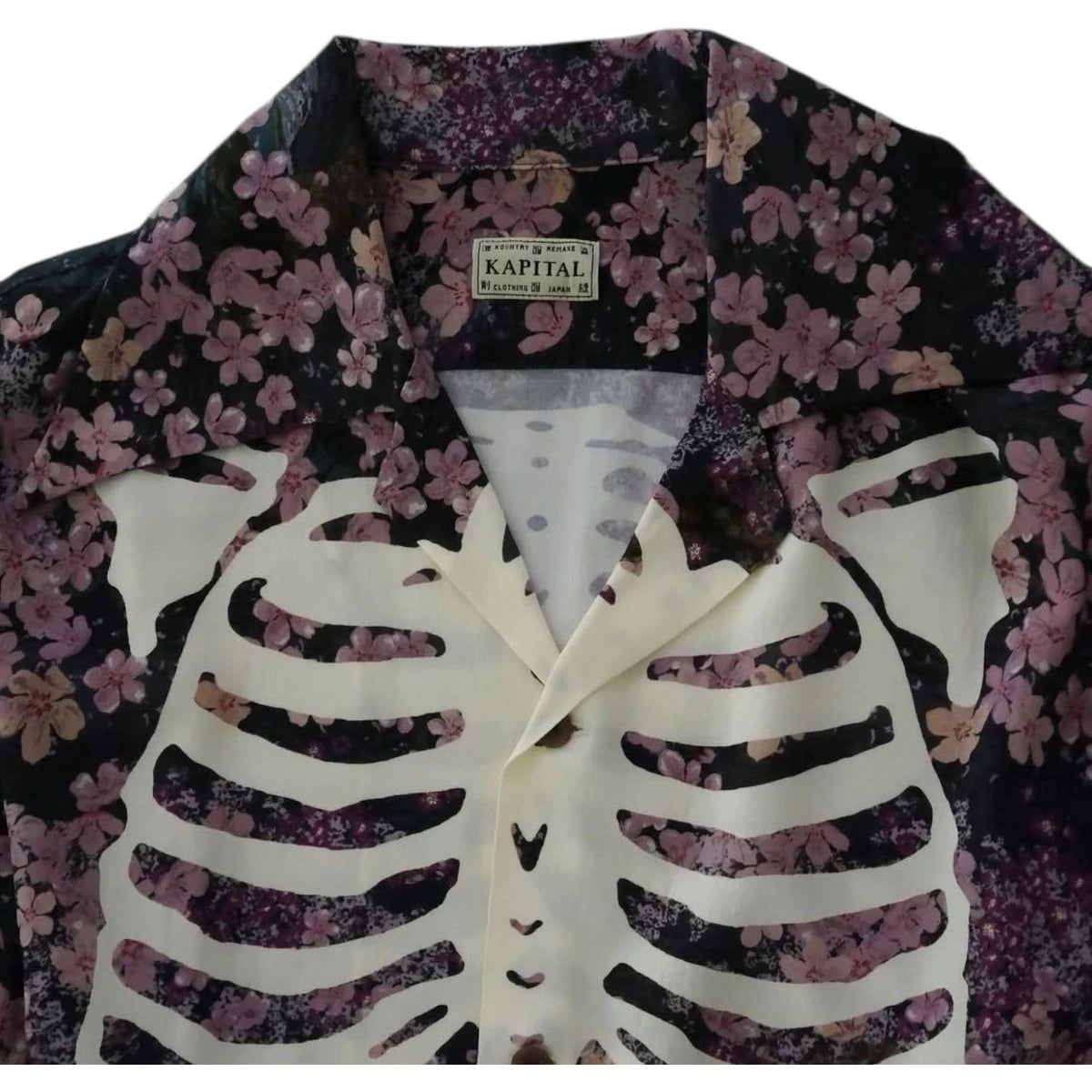 Kapital Rayon Sakura Bone Print Wrangle Collar Open Neck Shirt