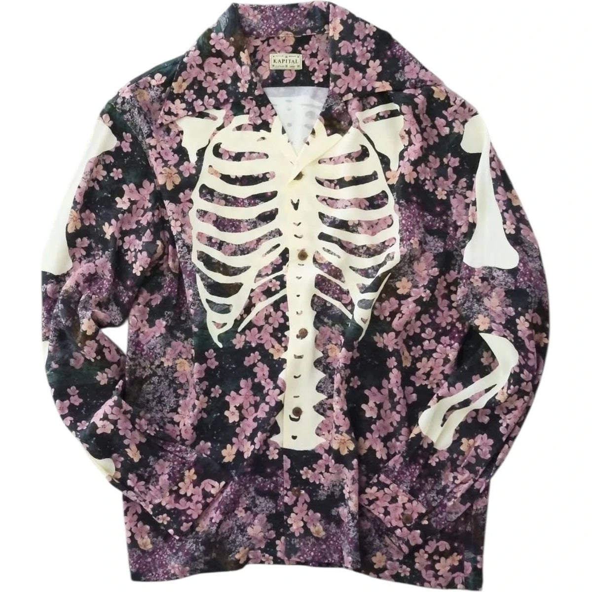 Kapital Rayon Sakura Bone Print Wrangle Collar Open Neck Shirt