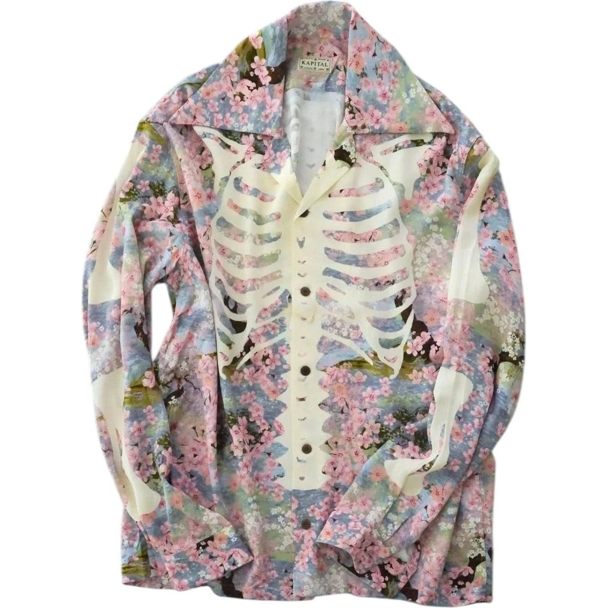 Kapital Rayon Sakura Bone Print Wrangle Collar Open Neck Shirt