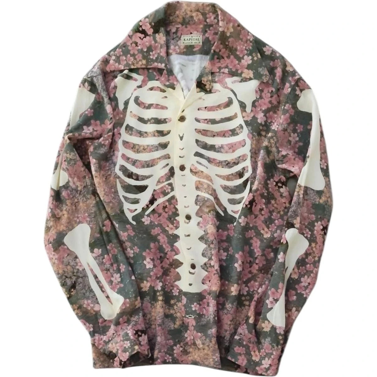 Kapital Rayon Sakura Bone Print Wrangle Collar Open Neck Shirt