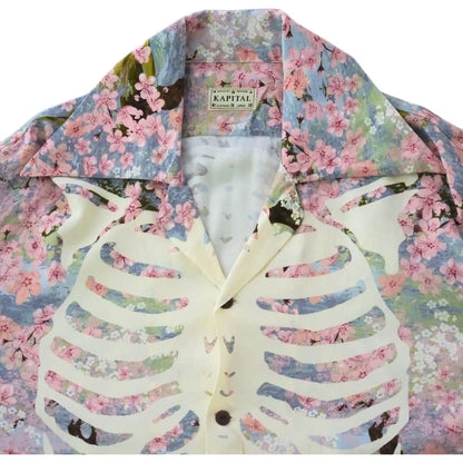 Kapital Rayon Sakura Bone Print Wrangle Collar Open Neck Shirt