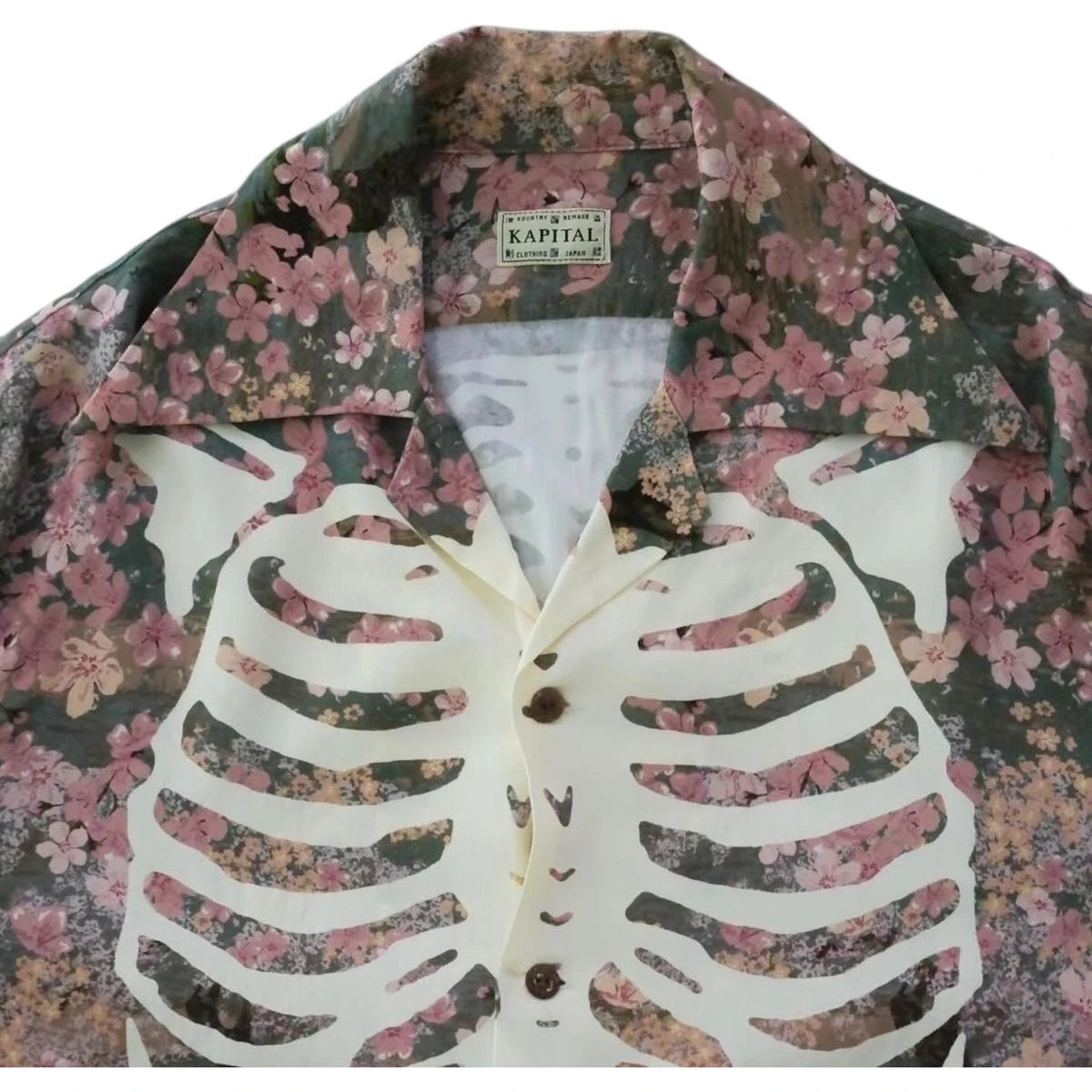 Kapital Rayon Sakura Bone Print Wrangle Collar Open Neck Shirt