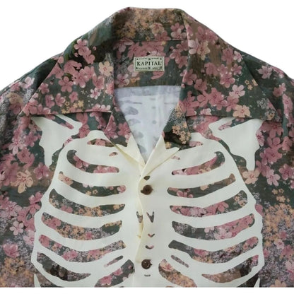 Kapital Rayon Sakura Bone Print Wrangle Collar Open Neck Shirt