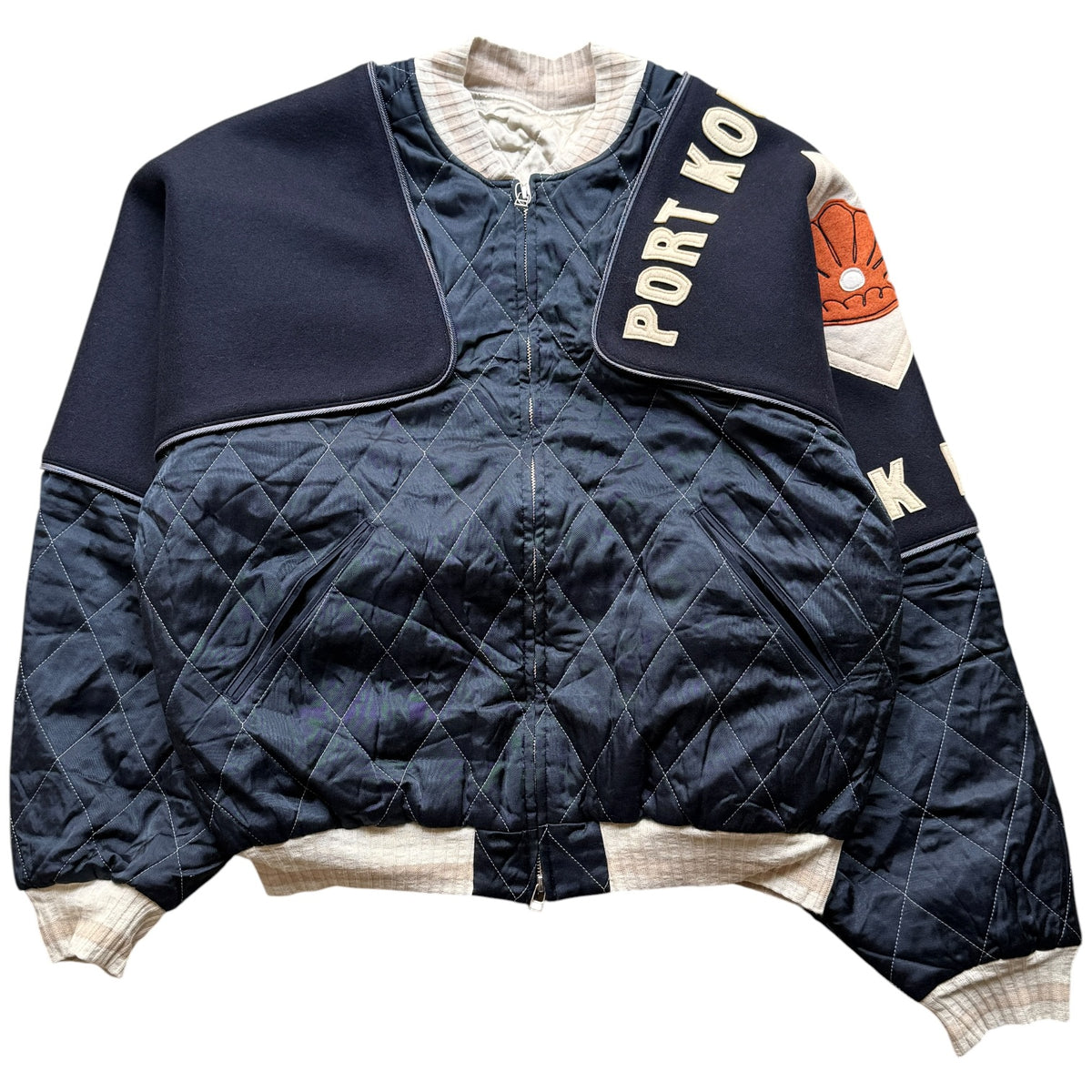 Kapital Rayon Satin Quilted Sham Bomber Jacket (Pearl Flag)