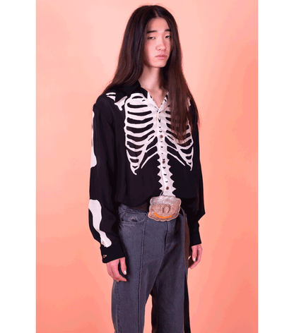 Kapital Silk Rayon Bone Print Wrangle Collar Open Neck Shirt
