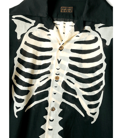 Kapital Silk Rayon Bone Print Wrangle Collar Open Neck Shirt