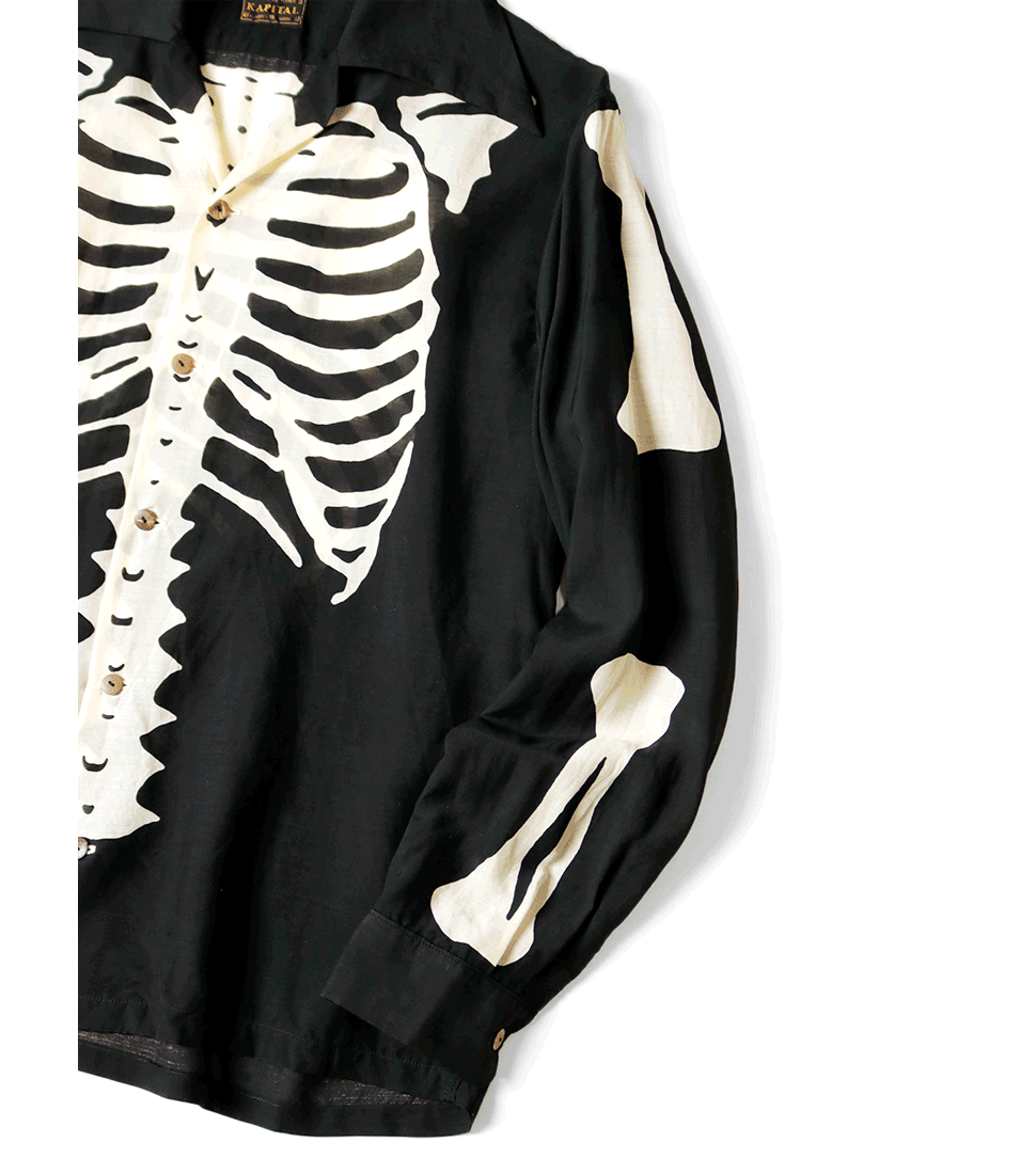 Kapital Silk Rayon Bone Print Wrangle Collar Open Neck Shirt