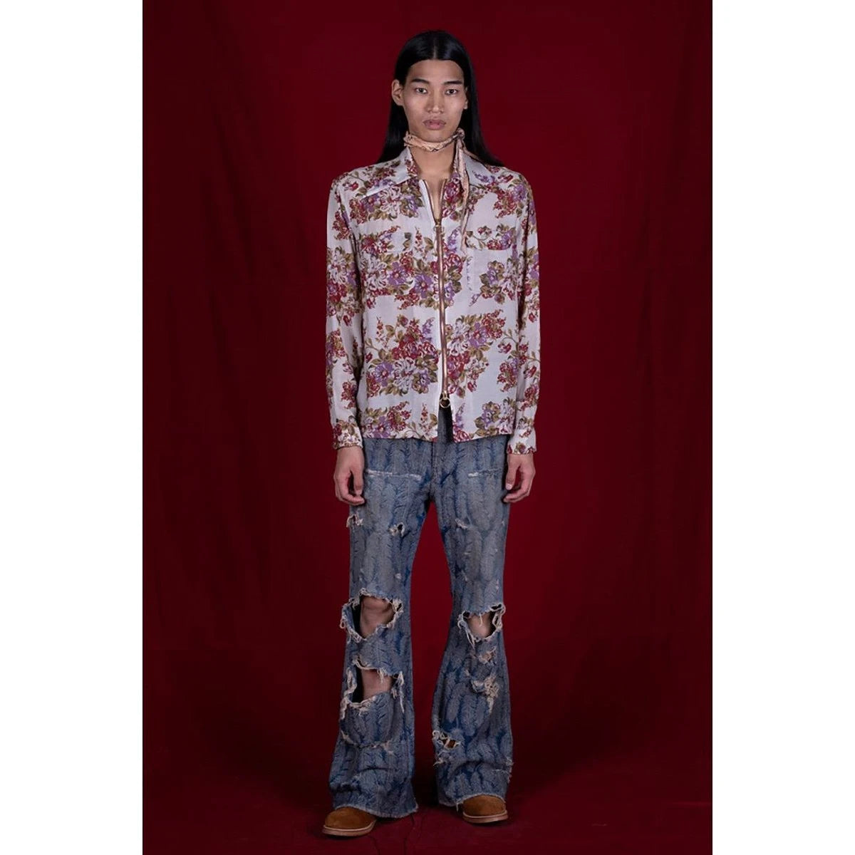 Kapital Silk Rayon Champetre Maria Pattern Drizzler Open Collar Shirt (Long Sleeves)