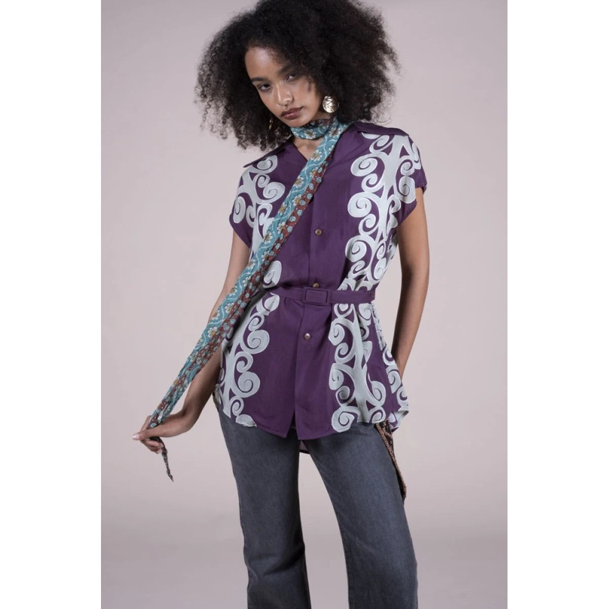 Kapital Silk Rayon Kona Tree Print French Sleeve Open Collar Shirt