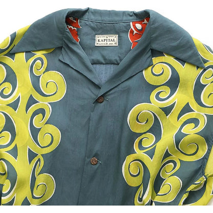 Kapital Silk Rayon Kona Tree Print French Sleeve Open Collar Shirt