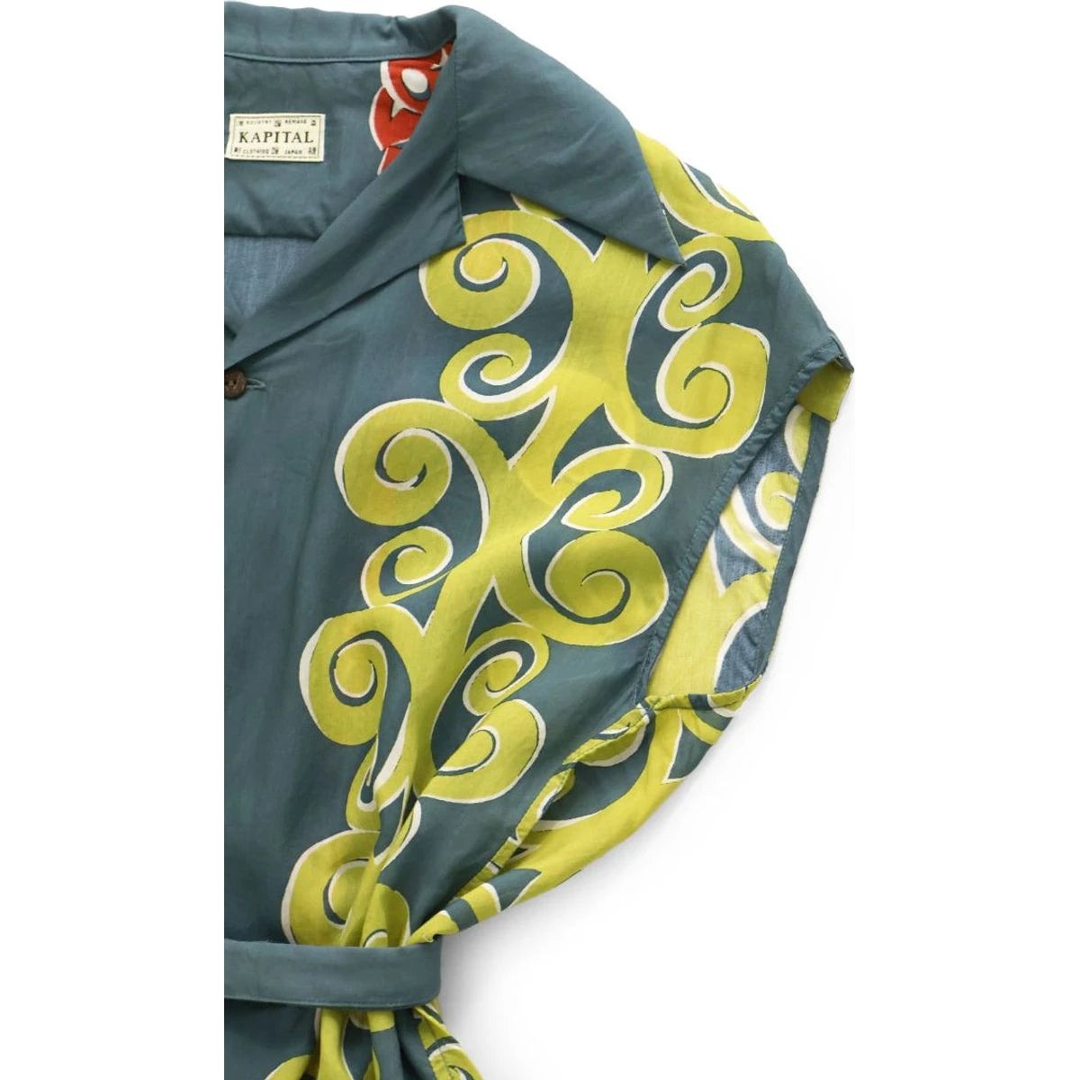 Kapital Silk Rayon Kona Tree Print French Sleeve Open Collar Shirt