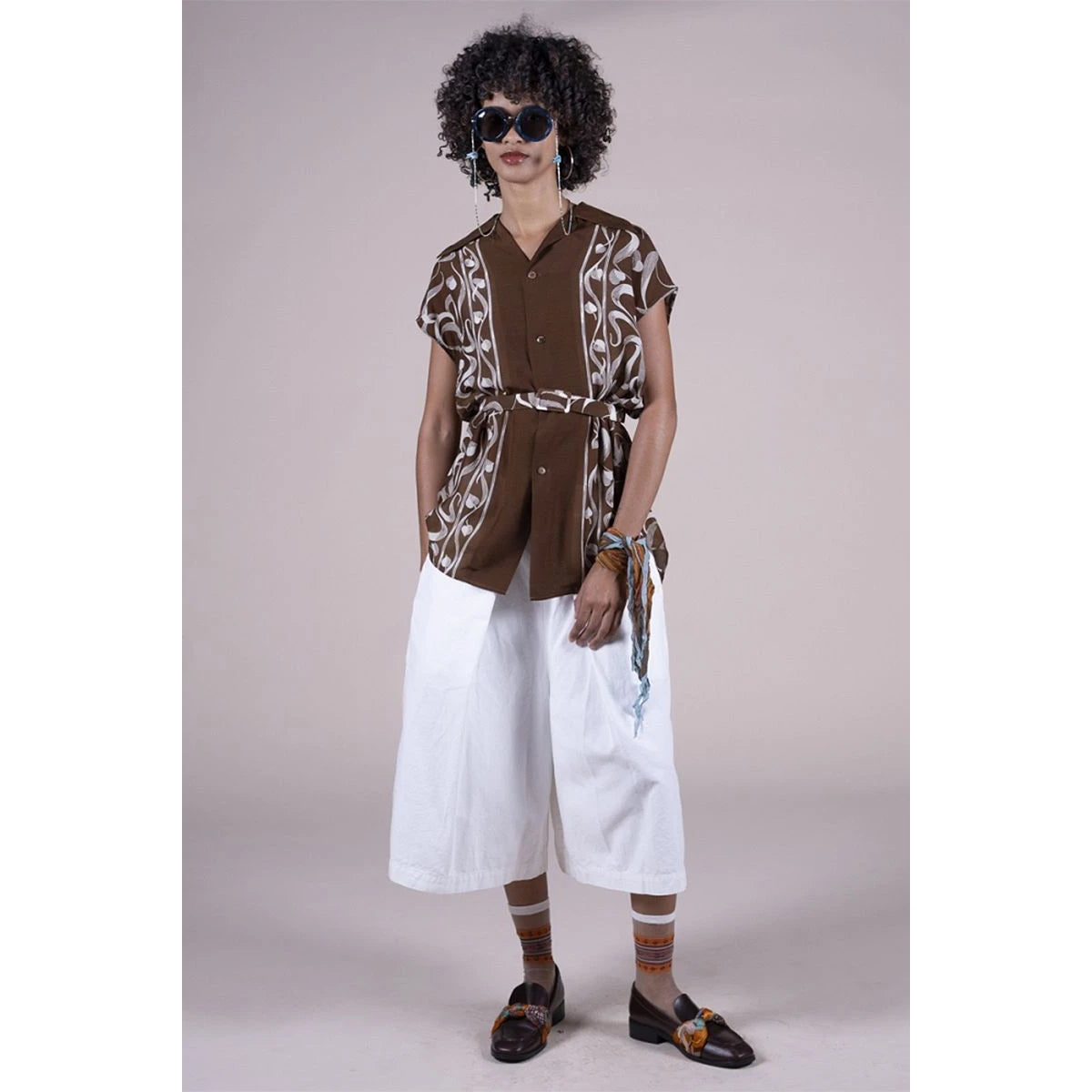 Kapital Silk Rayon Okura Pattern French Sleeve Open Collar Shirt