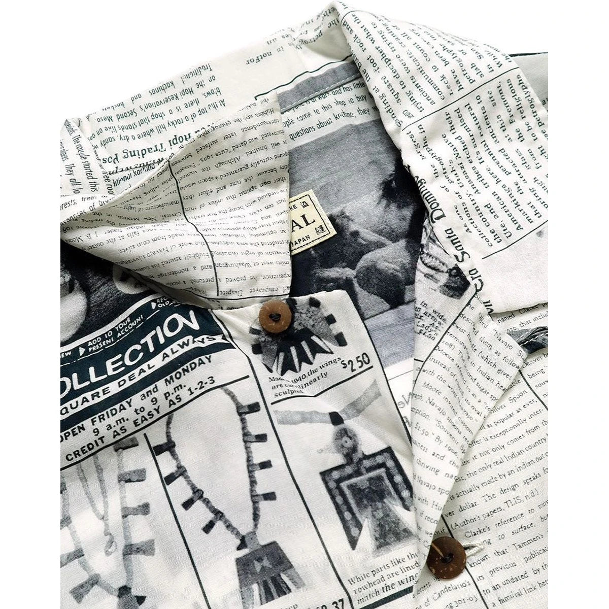 Kapital Silk Rayon Pueblo News Newspaper Pattern Aloha Shirt