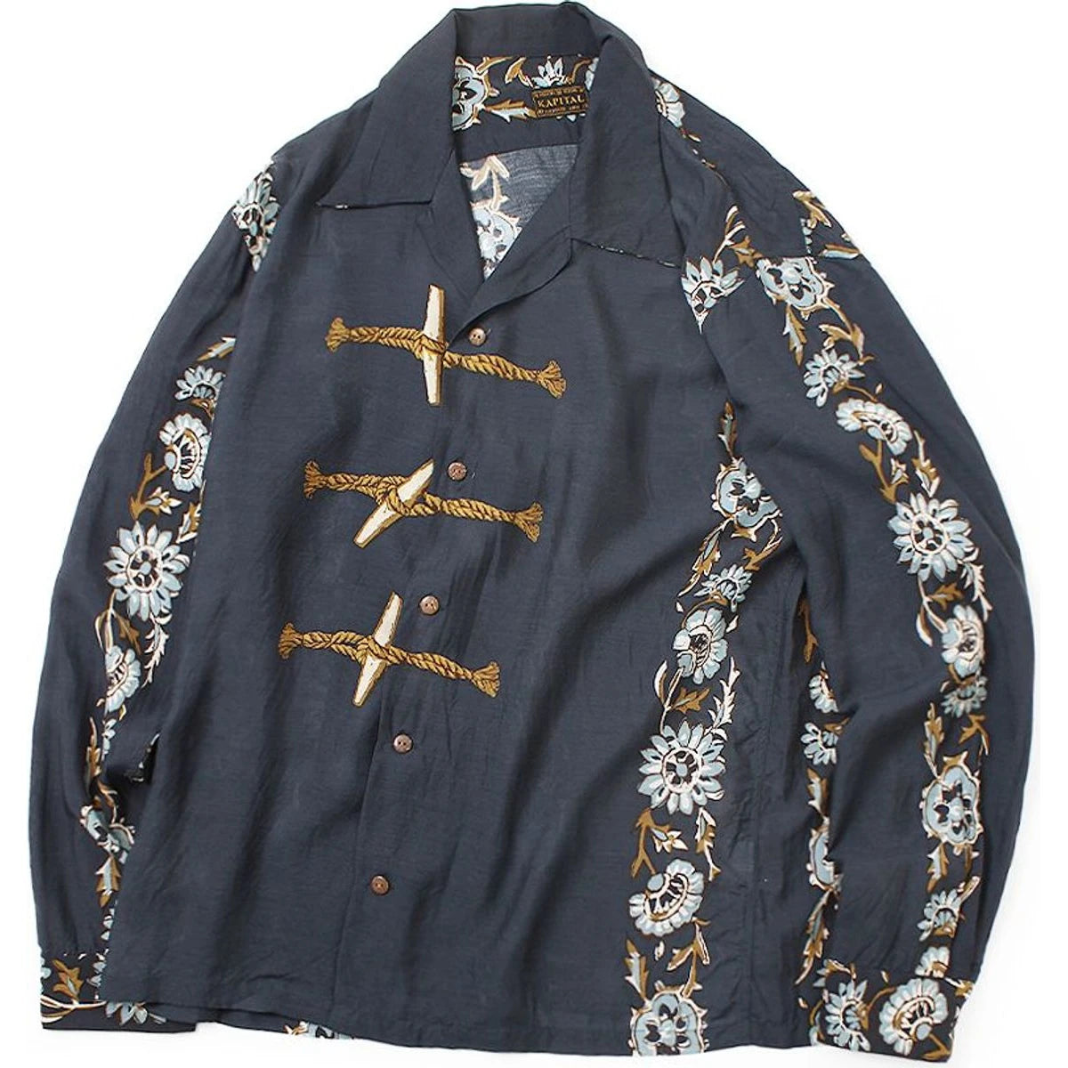 Kapital Silk Rayon Toggle Long Sleeve Open Collar Shirt (Maile Print)