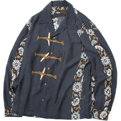 Kapital Silk Rayon Toggle Long Sleeve Open Collar Shirt (Maile Print)
