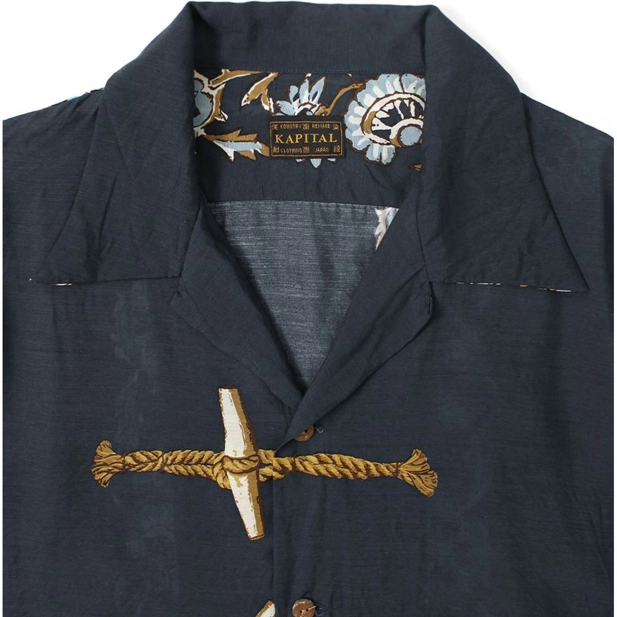 Kapital Silk Rayon Toggle Long Sleeve Open Collar Shirt (Maile Print)