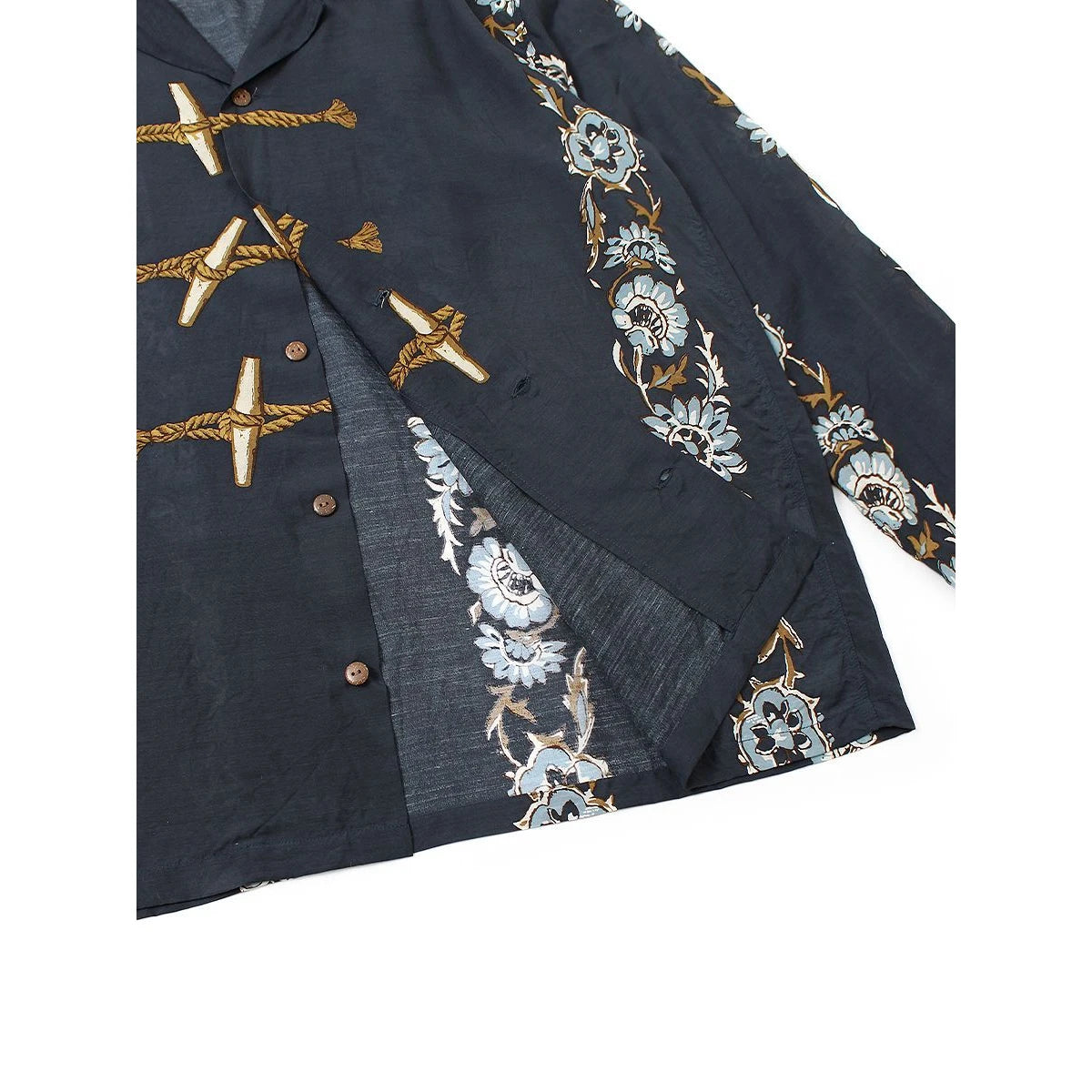 Kapital Silk Rayon Toggle Long Sleeve Open Collar Shirt (Maile Print)